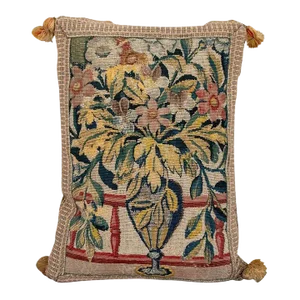 Antique 18th Century French Verdure Tapestry of a Flower Urn Vase Mounted on a Pillow With Woven Trim & Velvet Back