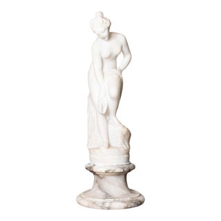 French 19th Century Marble Sculpture of a Nymph after the Bath on Pedestal For Sale