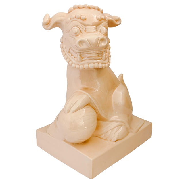 Large Scale Vintage Monochrome Blush Pink Glazed Ceramic Foo Dogs - A Pair For Sale - Image 14 of 17