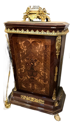Luxury French Marquetry Accent Cabinet With Marble Top & Gold Bronze Mounts