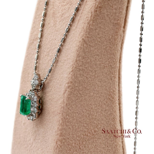 Green Gia Certified Platinum 900 Emerald & Diamond Pendant With Platinum 850 Chain For Sale - Image 8 of 13