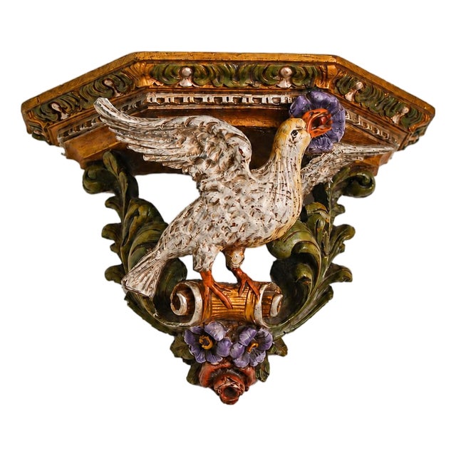 19th-Century Italian Louis XV Hand-Carved Polychrome Dove Wall Bracket For Sale