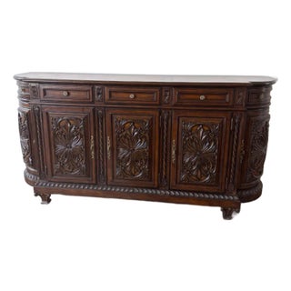 Late 20th Century Ornate Hand-Carved Wood Credenza Sideboard — Spanish Colonial Style For Sale
