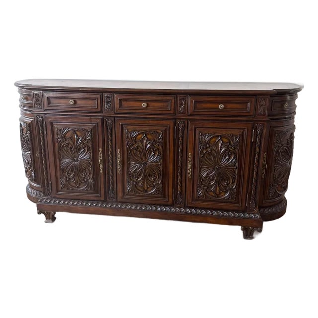 Late 20th Century Ornate Hand-Carved Wood Credenza Sideboard — Spanish Colonial Style For Sale
