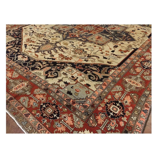Vintage Persian Serapi Wool 14x18 Ivory, Blue & Rust Handmade Area Rug #9900491 For Sale - Image 4 of 8