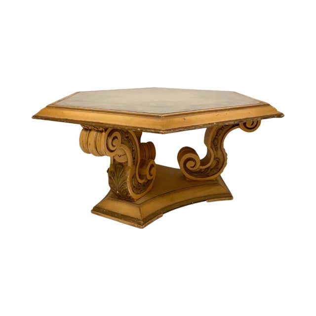 Vintage Italian Florentine Hexagon Coffee Table Hand Painted Gold Gilt Hollywood Regency For Sale - Image 4 of 14