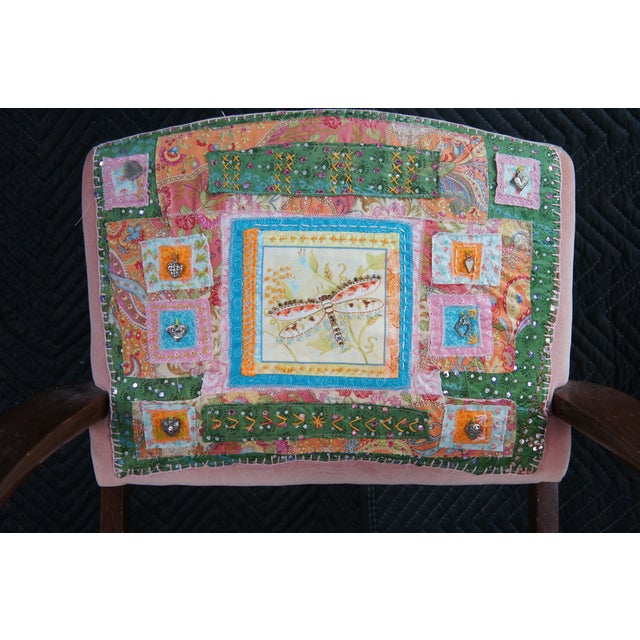 Early 20th Century Antique Mahogany Quilted Velvet Butterfly Dragonfly Charm Armchair For Sale - Image 5 of 13