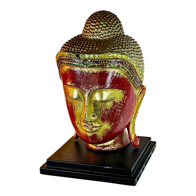 Antique Red Lacquer & Gilt Buddha Head Sculpture on Stand, Japan, Early 20th Century For Sale