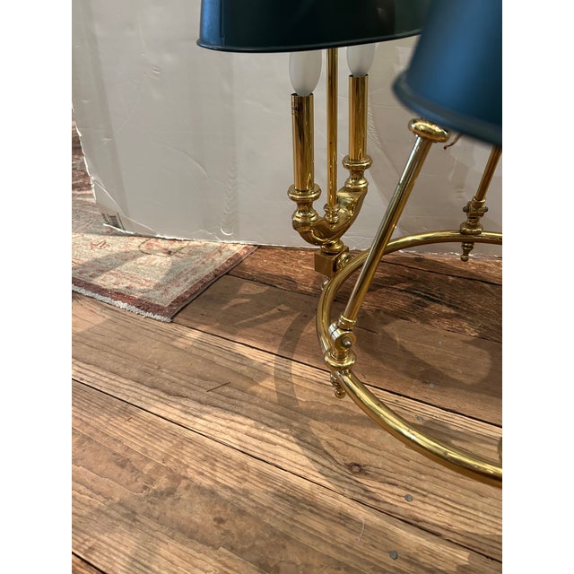 1980s Bouillotte Style Brass 3 Arm Chandelier With Green Tole Shades by Lightolier For Sale - Image 9 of 16