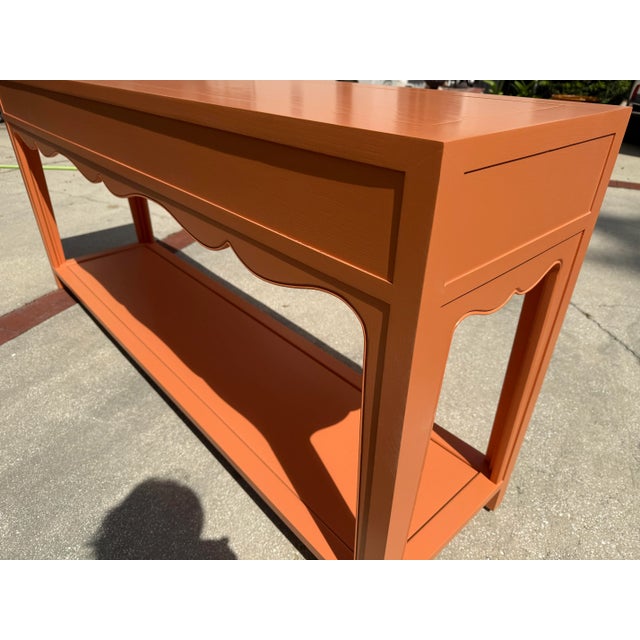 Asian Salmon Colored Hickory Chair Peony Console Table, Asian Inspired For Sale - Image 3 of 8