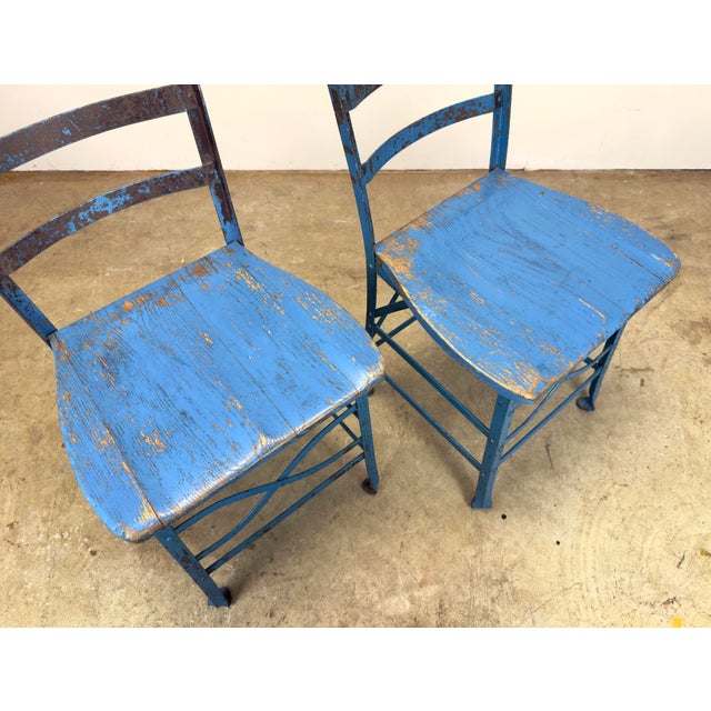 Mid-Century Modern Antique Industrial Steel & Oak Chairs by Angle Steel Stool Co / K M Supply Company in Vivid Blue For Sale - Image 3 of 12