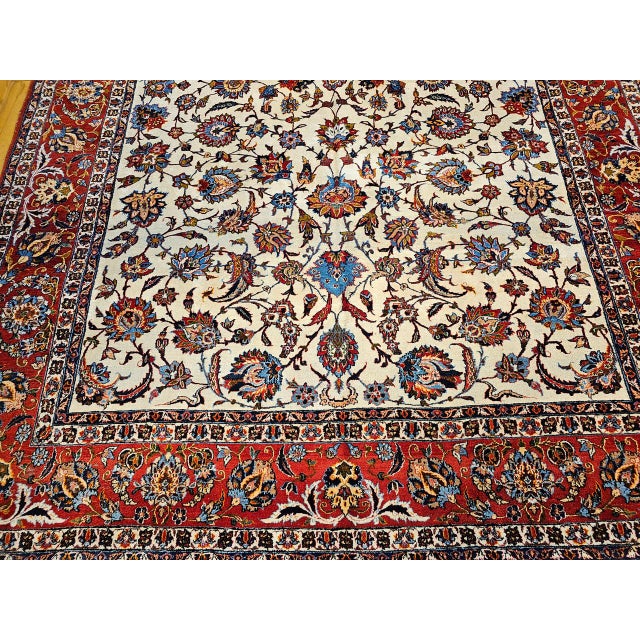 Vintage Persian Isfahan Rug, Hand-Knotted Wool, Allover Floral Pattern, Ivory & Red, 10x14 For Sale - Image 9 of 14