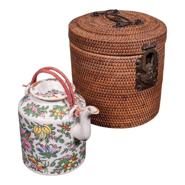 1920s Small Antique Decorative Teapot, Oriental, Ceramic Chá Pot, Wicker Case For Sale