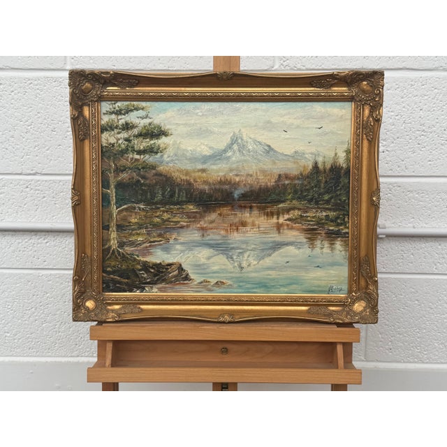 Mountain Lake Forest Landscape Scene - Vintage 20th Century Oil Painting 1970 For Sale - Image 13 of 17