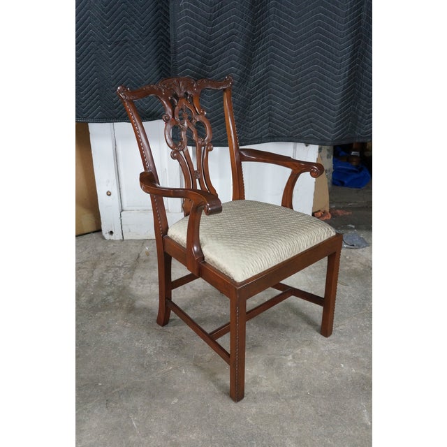 2 Late 20th Century Maitland Smith Chippendale Pierced Mahogany Dining Arm Chairs Silk Seats Pair For Sale - Image 10 of 18