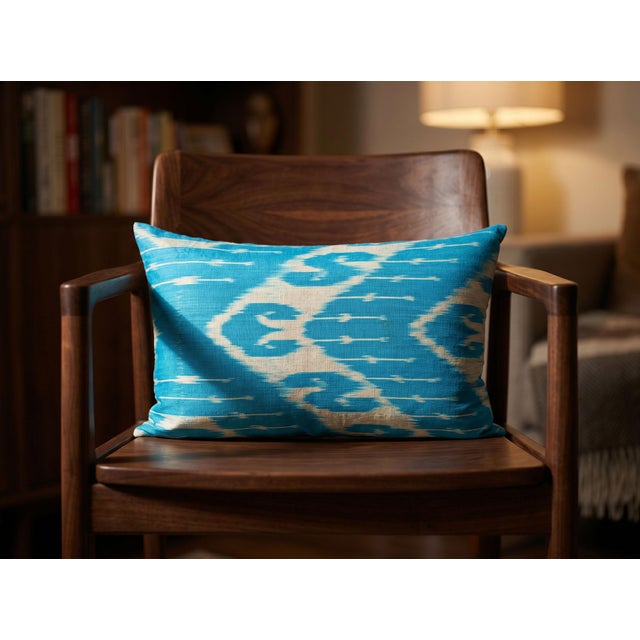 1990s Sky Blue Silk Ikat Lumbar Cushion Cover For Sale In Los Angeles - Image 6 of 10