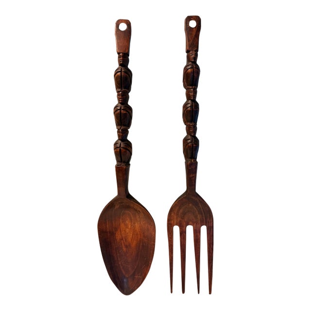 Oversized Carved Wooden Salad Spoon & Fork Server Set For Sale