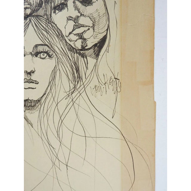 Vintage mid 20th century pen and ink on paper faces drawing by Jacqui Von Honts (1936-2011) Texas. Signed center right,...