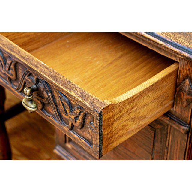 Spanish Feudal Oak by Jamestown Lounge Co. Spanish Colonial Revival Carved Oak Desk and Chair Set, Circa 1920s–1930s For Sale - Image 3 of 7