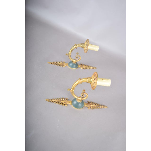 Gilded Brass Scroll-Arm Wall Sconces with Teal Details, 1950s, Set of 2 For Sale - Image 6 of 12