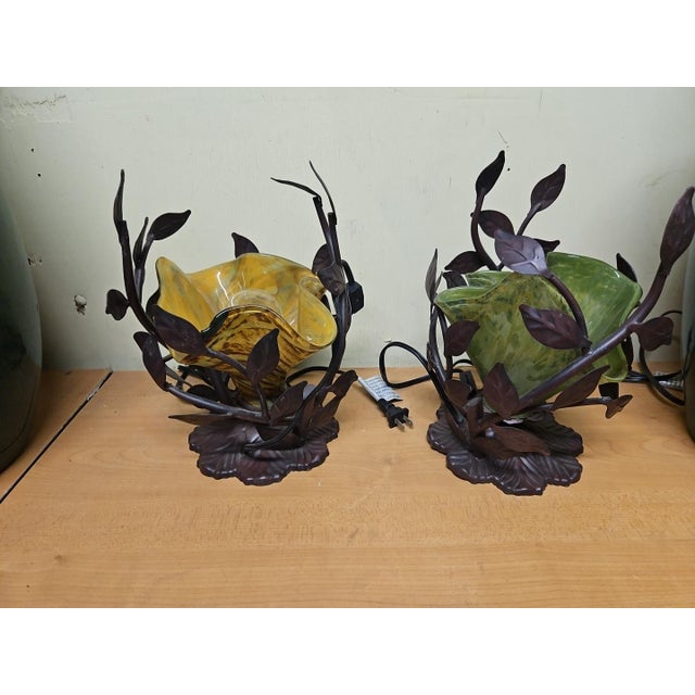 Art Nouveau 1990s Handmade Wrought Iron with glass shade Table Lamp For Sale - Image 3 of 3