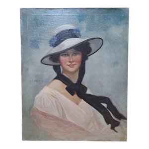 w.h. Braun (1873-1938) Oil on Canvas Women Figure With Floral Summer Hat Painting