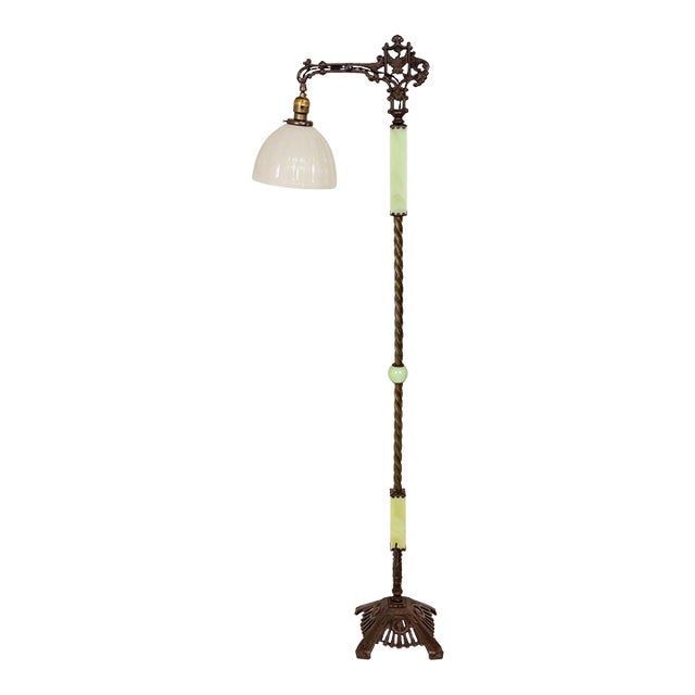 Early 20th Century Deco Uranium Glass & Iron Bridge Floor Lamp For Sale