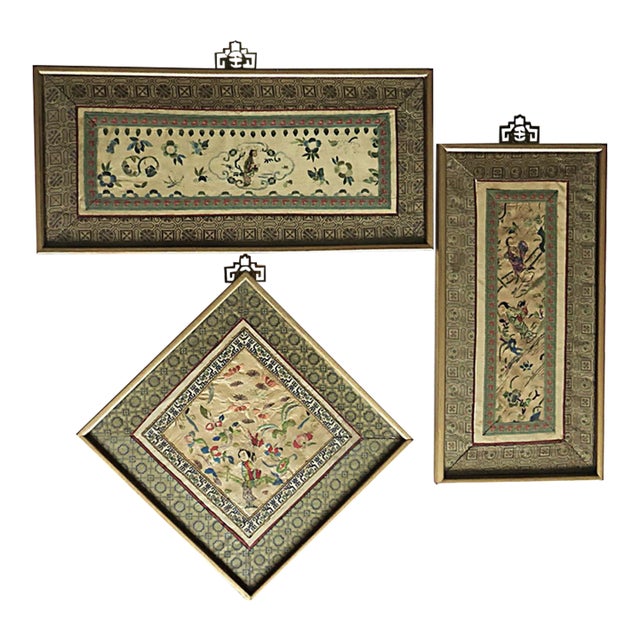 Set of 3 Asian Antique Embroidery Textile Art Framed Early 20th Century China For Sale