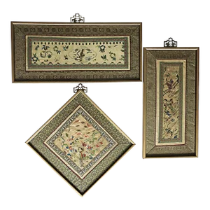 Set of 3 Asian Antique Embroidery Textile Art Framed Early 20th Century China
