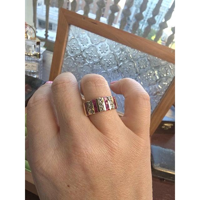 Modern Vintage 14k Gold Ruby and Diamond Channel Set Wide Band Ring, Size 7.25 For Sale - Image 3 of 6
