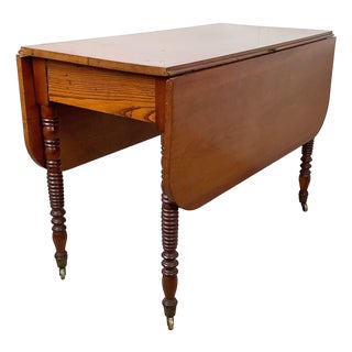 Antique Style American Drop-Leaf Table — Spool-Turned Legs, Brass Casters, Warm Hardwood Top For Sale
