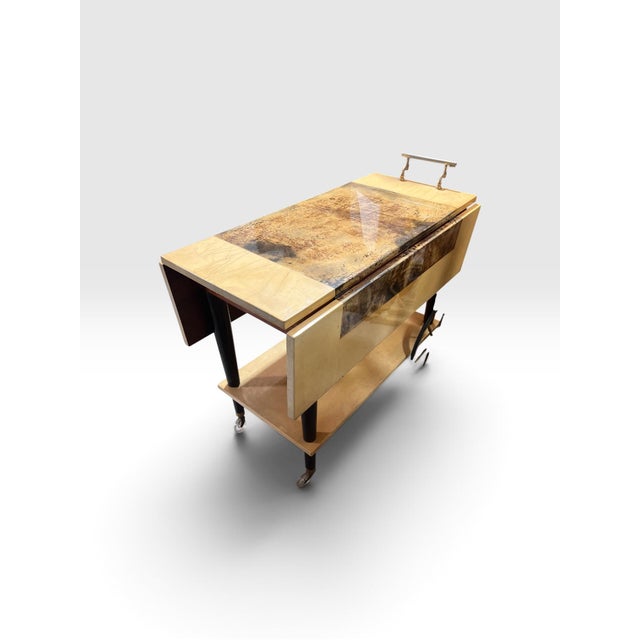 Italian Vintage Aldo Tura Milano Italian Lacquered Goatskin Parchment Drop-Leaf Bar Cart, 1960s For Sale - Image 3 of 12