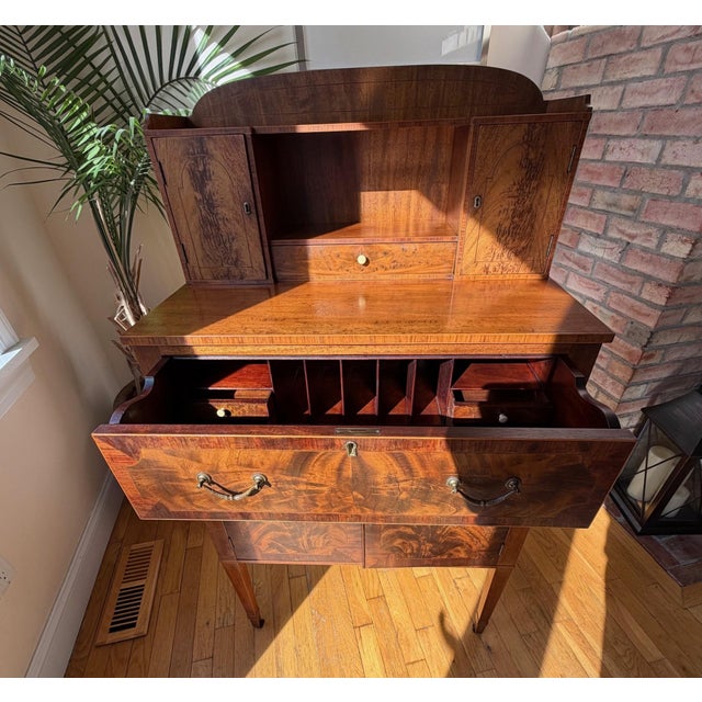 American Antique Tennenbaum Flame Mahogany Secretary Desk with Leather Fall Front and Custom Bouclé Chair For Sale - Image 3 of 18