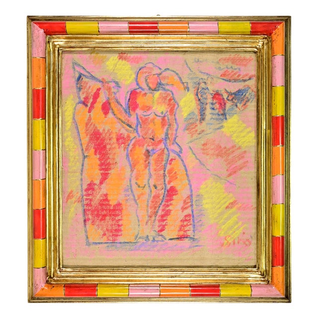 Sirio Pellegrini, Nude Drawing, 1960s, Charcoal and Oil Pastel on Cardboard, Framed For Sale