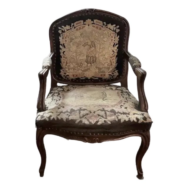 Antique 19th Century French Louis XV Needlepoint Bergere, Fauteuil Chair With Bird and Dog Motif and Velvet Back For Sale