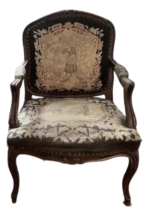 Antique 19th Century French Louis XV Needlepoint Bergere, Fauteuil Chair With Bird and Dog Motif and Velvet Back
