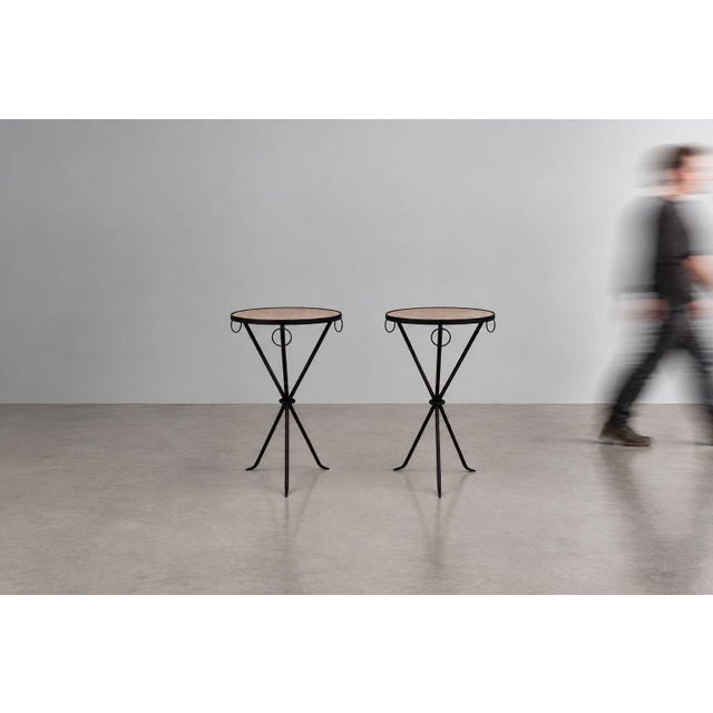 Jean-Michel Frank Style, Modern, Side Tables or Gueridons, Painted Iron, Travertine, 20th c. Pair of iron and stone side...