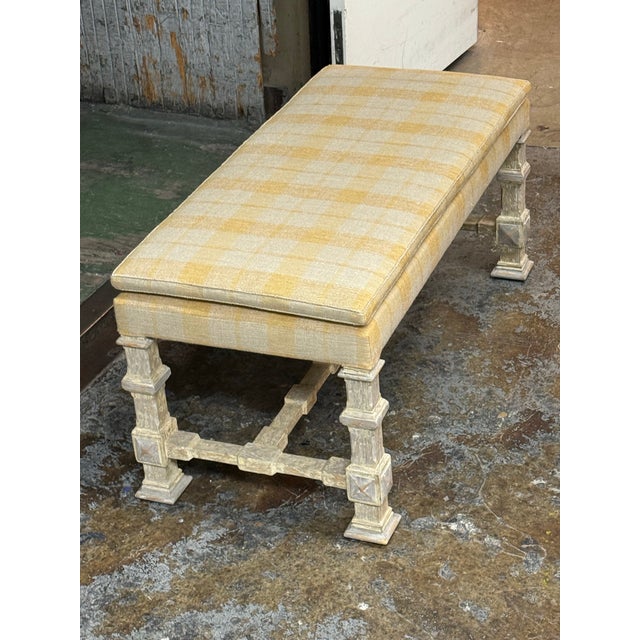 2020s French Country Louis XIII Style Plaid Upholstered Bench For Sale - Image 5 of 12