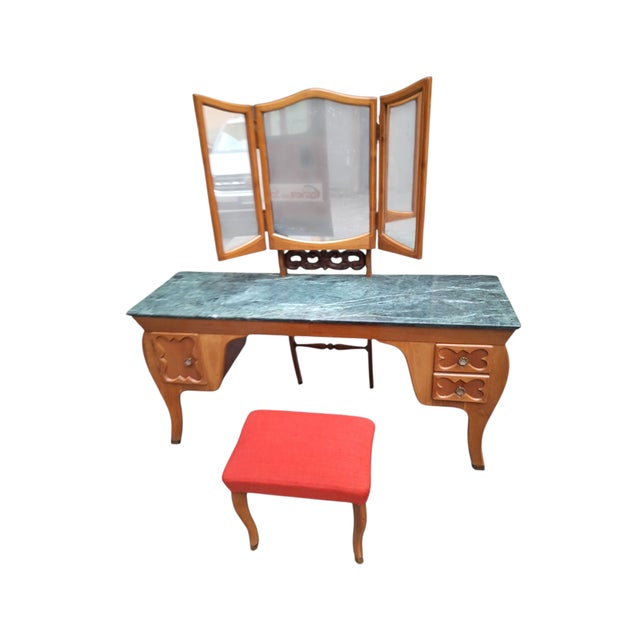 Vintage Mirrored Dressing Table with Marble Top and Stool by Mario Cereghini, 1940s, Set of 2 For Sale - Image 6 of 13