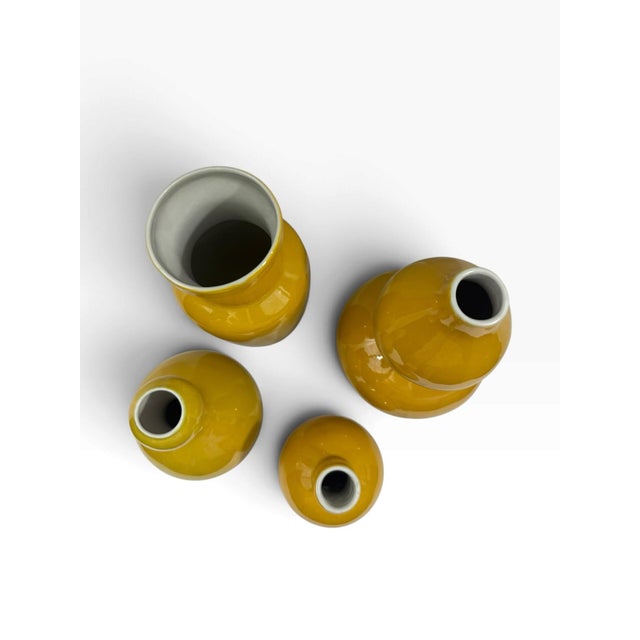 1990s Set of 4 Chinese Porcelain Vases Mustard Yellow Glaze, Double-Gourd and Bottle Forms, Unmarked For Sale - Image 5 of 6