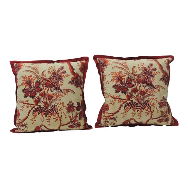 Vintage French Scarlet Red and Orange Printed Linen Decorative Pillows - A Pair For Sale
