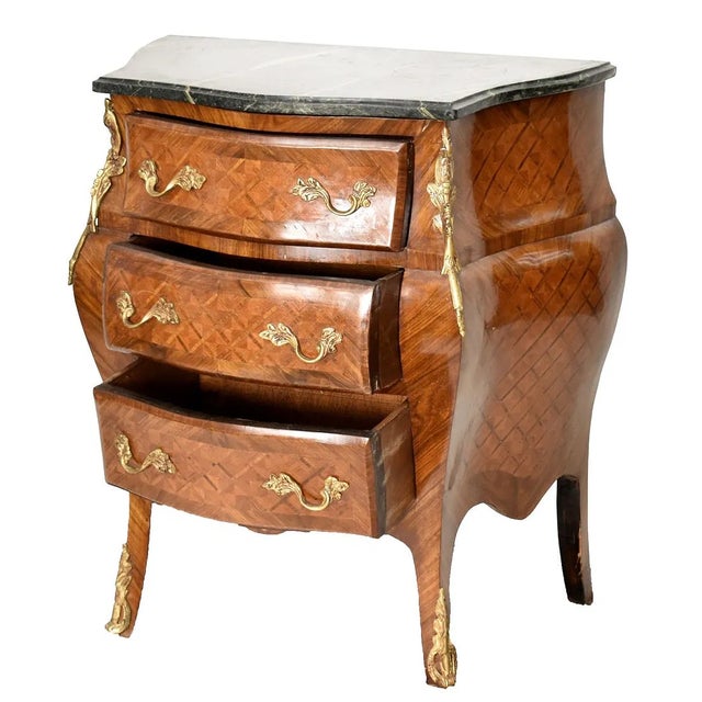 French 1950s Pair of French Style 3 Drawer Marble Top Nightstands For Sale - Image 3 of 4