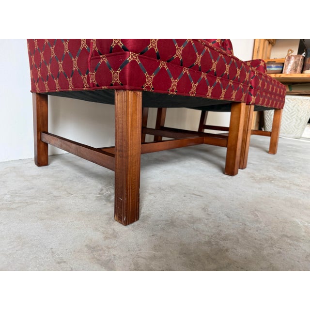Burgundy Vintage Hickory Traditional Upholstered Wingback Armchairs – A Pair For Sale - Image 8 of 12