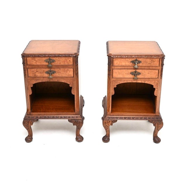 A gorgeous pair of antique burr walnut bedside cabinets. They are in the Queen Anne style, they date from the 1920-30’s....