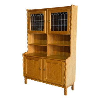 In Style of Henning Kjærnulf Oak Hutch With Glass Doors and Open Shelves Denmark Mid-Century Modern 1960s For Sale