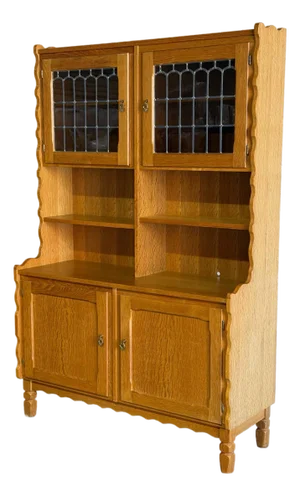 In Style of Henning Kjærnulf Oak Hutch With Glass Doors and Open Shelves Denmark Mid-Century Modern 1960s