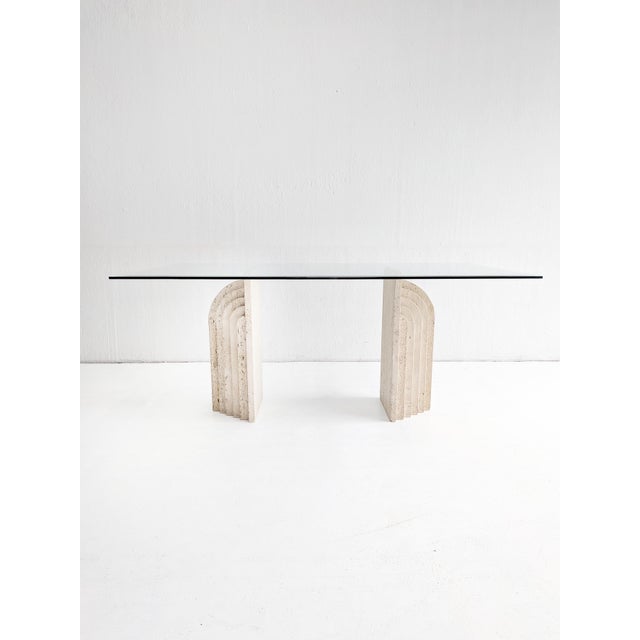 Beige Travertine and Glass Dining Table with Sculpted Legs, 1970s For Sale - Image 8 of 12