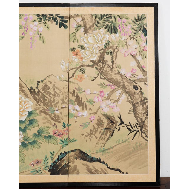 Wood Asian Four Panel Byobu Screen Hundred Flowers Bloom For Sale - Image 7 of 18