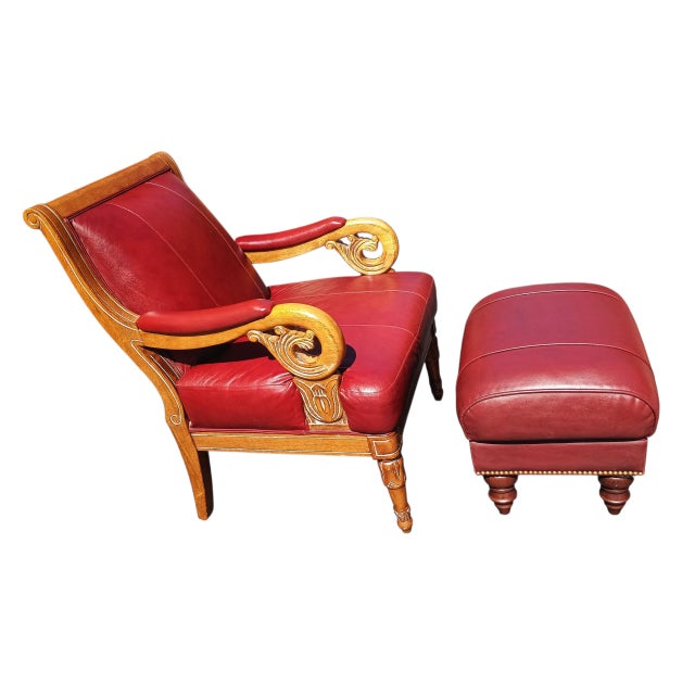 Empire and William IV Periods Inspired Vintage Red Leather Armchair & Ottoman For Sale - Image 4 of 12
