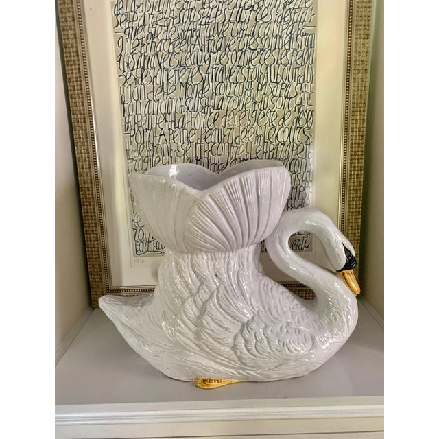 Hand Painted Glazed Italian Terra Cotta Swan Planter Jardiniere For Sale - Image 9 of 13